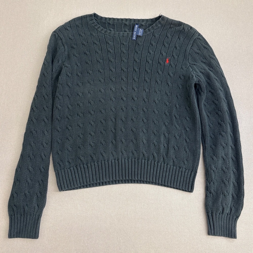 Ralph Lauren Womens Cable Knit Sweater Green Cotton Crew Neck Pony Logo XL